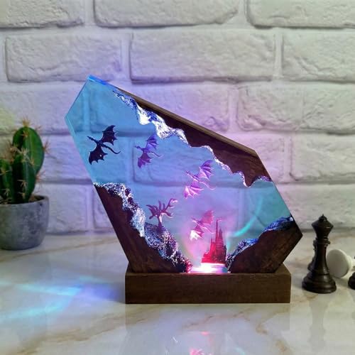 Drawelry Ocean Creative Epoxy Resin Wood Light Lamp, Handmade Multi Color Aquatic Ocean Lamp Deep Sea Diver Cave Diving Enthusiasts Led Night Light Desktop Decor Christmas Birthday Gift (Dragon, S) - color: Dragon