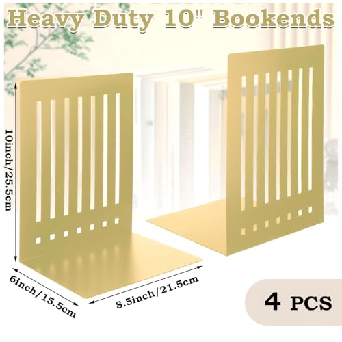 4 Pcs 10 Inch Heavy Duty Bookends Non-Skid Base Large Heavy Duty Book Ends Stopper for Office Books Vinyl Records Shelves Binders (Gold) - color: Gold, size: 10 Inch
