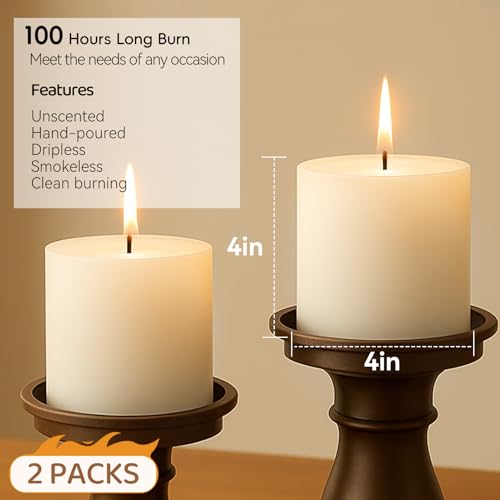 4x4 Inch White Pillar Candles, 2 Packs, 200-Hours Long Burning Time Totally, Unscented Large White Candles for Mantel Decor, Home Holiday Table Decor, Smokeless & Dripless - size: 4x4