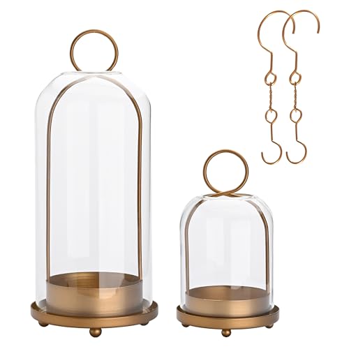 Metal Candle Holder with Handmade Glass Dome in Brass, 5" & 4" Wide Versatile Hurricane Glass Candle Holders Set of 2, for Pillar Candles & Plants (Brass)