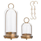 Metal Candle Holder with Handmade Glass Dome in Brass, 5" & 4" Wide Versatile Hurricane Glass Candle Holders Set of 2, for Pillar Candles & Plants (Brass)