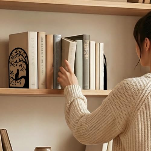 2 Pcs Metal Bookends, Unique Cat Book Ends for Shelves Sturdy Book Organizers and Decorative Books Accessories for Home Office and Library - style: Cat Tree