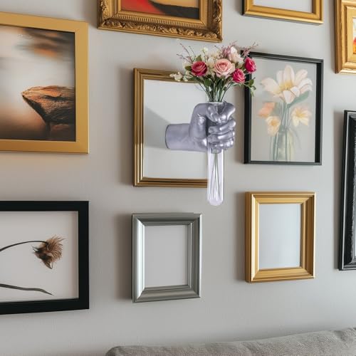 Silvery Wall Sculptures, Hand Vases Home Decor, Wall Mount Art Sculpture, Unique Wall Art Statue, Funky Flower Vase Decorations, Modern Eclectic Hanging Decor,Glass Test Tube Vase (Silvery) - color: Silvery