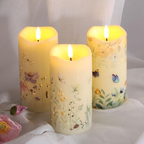 Eywamage Fiber Optic Flameless Pillar Candles with Remote Set of 3, Butterfly Floral Spring LED Candles Battery Operated Φ 3" H 6" - color: Butterfly Floral