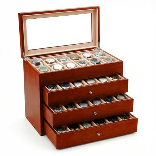 Bey-Berk Custom Personalized Watch Box Organizer - 48 Slot Luxury Solid Wood Designer Display, Large Watch Slots - color: Brown