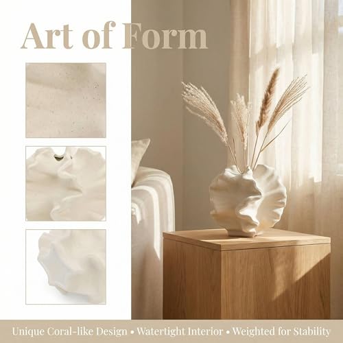 Cedilis Off White Ceramic Flower Vase, 6 Inch Decorative Aesthetic Pampas Grass Textured Vase for Table, Shelf, Mantel, Entryway, Modern Home Decor, Coral-Like