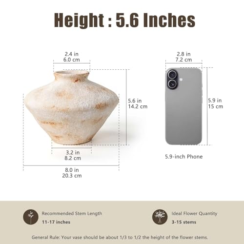 Rustic Ceramic Flower Vase, YBX White Ceramic Vase 5.6 Inches, Retro Distressed Textured Pottery Small Vase, Farmhouse Decorative Vases for Home Decor, Centerpieces, Hallway, Shelf Decorations, White - color: Retro Beige-5.6"