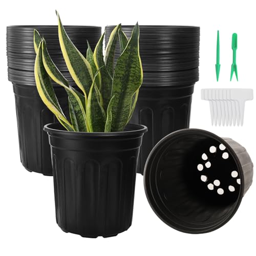 100 Pack 1 Gallon Flexible Plant Nursery Pots, Thickened Soft Plastic Plant Pots with 100Pcs Waterproof Plastic T-Type Plant Tags and 2Pcs/Set Transplanting Digging Mini Tools(Black) - size: 6.5 inch(100pcs)black