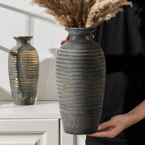 Emotionally Grounded Vase, Vaseking Large Ceramic Rustic Vase, 14.4 inch Minimalist Threaded Decorative Farmhouse Tall Vases for Home Decor, Living Room, Enterway, Table Decoration, Bronze - color: 19151-blue Bronze, size: 14.4"