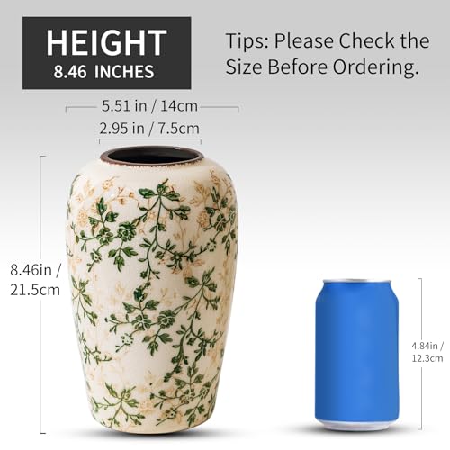 Vintage Pastoral Green Ceramic Flower Vase 8.5”, Rustic Cottage Core Decor for Living Room, Bookshelf, Office, Mantel & Table Centerpiece - color: 16-green and Beige