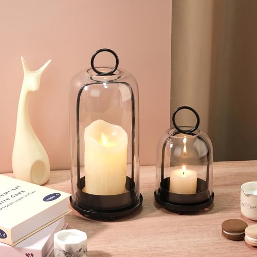6" & 4" Wide Versatile Modern Metal Hurricane Lantern with Handmade Sturdy Glass Dome in Black for Pillar Candle & Plants, for Living Room, Porch, Mantel Decoration (Black, 4"x7.5" &6.3"x11.2") - color: Black, size: 4"x7.5" & 6.3"x11.2"