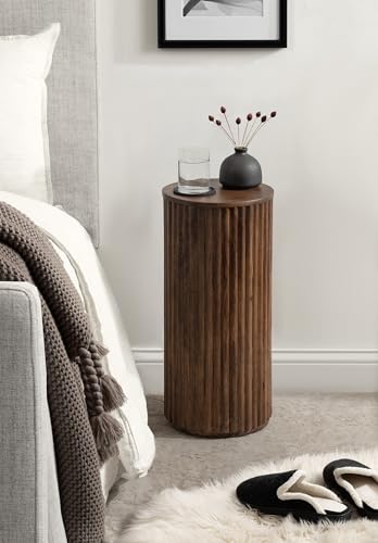Kate and Laurel Reid Modern Wooden Ribbed Drink Table; 10 x 10 x 22; Walnut Brown; Solid Wood Mini Table for Use as Pedestal Plant Stand Indoors or Small Nightstand Option - color: Walnut Brown