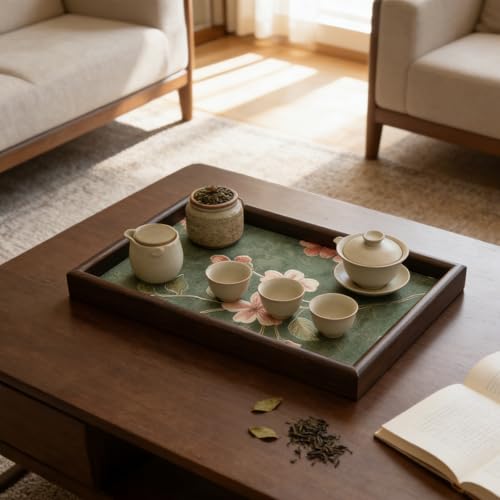 Wooden Valet Tray with Floral Base, EDC Catch All Tray Nightstand Entryway Table Vanity Organizer 11.8x7.9, Green Vintage Blossoms - color: Green Blossoms