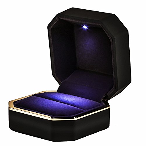 Luxury Ring Box, Square Velvet Wedding Ring Case Jewelry Gift Box with LED Light for Proposal Engagement Wedding, Black - color: Black, size: Ring Box