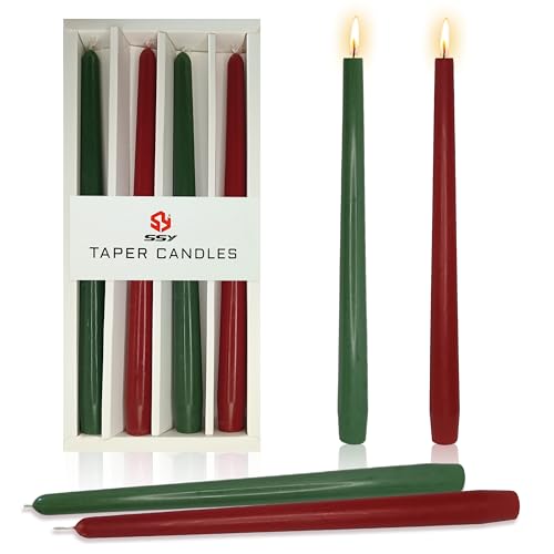 10 Inch Taper Candles Handmade Set of 4 – Unscented Tapered Candles in Red & Green, Candlesticks Smokeless Candle Sticks for Wedding, Home Decor, and Dinner Table - color: Red Green