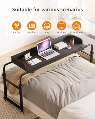 Saifu Overbed Table with Wheels,Adjustable Height & Length Laptop Desk for Bed,King & Queen Size Beds Bed Table,Rolling Standing Desk,Over Bed Table for Working Reading Eating,Black - color: Black