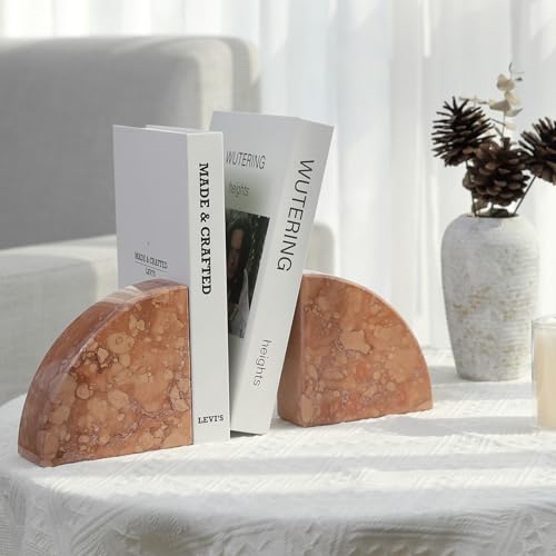 Karibiber Marble Bookend for Shelves, Non-Skid Bookends for Heavy Books, Heavy Duty Book Stopper for CDs, Luxury Book Shelf Holder, Quarter Circle Design Book Ends Decorative, Perlino Rosato, Set of 2 - color: Italy-perlino Rosato