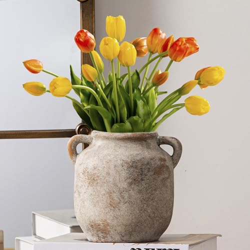 Ceramic Flower Vase Home Decor - 6 Inch Farmhouse Rustic Table Vases with Handle Living Room Decoration Decorative Vintage Pottery for Kitchen Shelf Coffee Dining Bookshelf Fireplace Centerpiece - color: 6" Retro