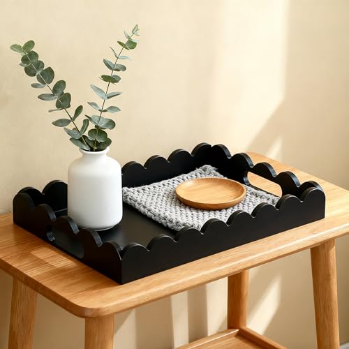 Hanobe Decorative Tray for Coffee Table: Serving Tray Decor with Scalloped Edge - Black Entryway Decor for Living Room Kitchen Counter