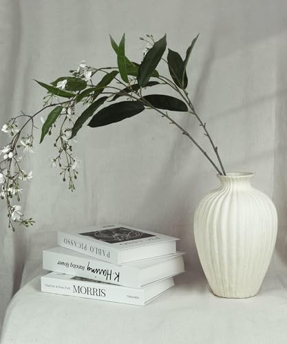 Handmade Ceramic Decorative Vase – Warm White Rustic Textured 10.4” Round Vase with Irregular Waves and Weathered Stone Finish for Home, Office, Farmhouse Decor - size: Large