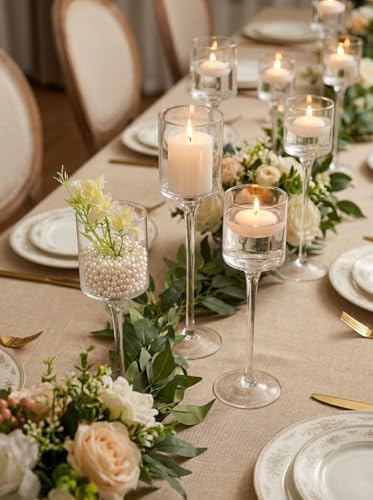 Tall Glass Candle Holder: Long Stem Floating Candle Holders for Tealight Votive and Pillar Large Clear Centerpieces for Wedding Table Party Home Set of 3