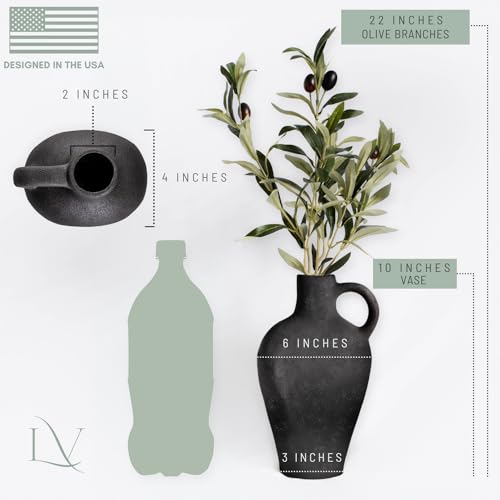 Luxurious Gift Set Textured Ceramic Vase 10 Inch with Olive Branches 22 Inch Tall Black Medium Vase Artificial Topiaries Fake Plants, Minimalist Shelf Decor, Neutral Home Office High End Gifting Decor - color: Black