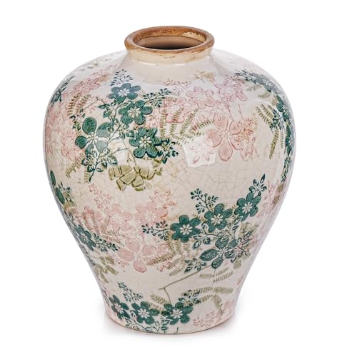Sungmor Vintage Ceramic Flower Vase - 9.4 Inch Retro Ice Cracked Glaze Chinoiserie Vase, Rustic Farmhouse Home Décor Accent for Dried Flowers, Greenery - Table Centerpieces, Shelf, Mantel Decor - color: Green