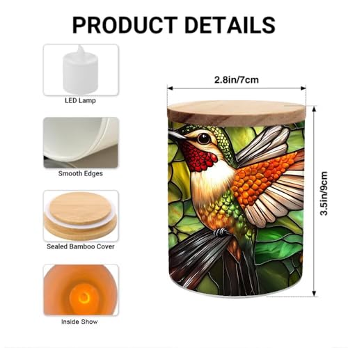 Stained Glass Hummingbird Tealight Candle Holders Memorial Candlesticks with Battery Operated, Colorful Glass Flower Full Wrap Tea Light Candle Jar LED Holder Votive jar for Memorials - color: Hummingbird
