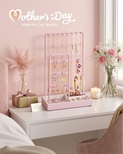 SONGMICS Necklace Holder, Jewelry Stand Holder Organizer, Jewelry Display with Metal Frame, Velvet Tray, Earring Bracelet Holder, for Gift Idea, 4.5 x 7.7 x 12.1 inch, Jelly Pink UJJS021R01 - color: Jelly Pink, size: 4.5"d X 7.7"w X 12.1"h
