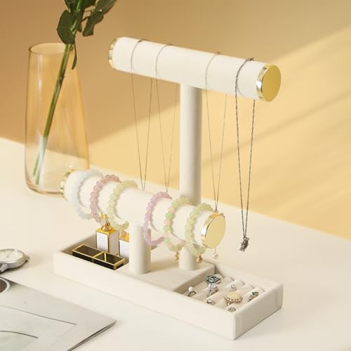 Pangkeep Jewelry Holder Stand,2 Tier Necklace Bracelet Organizer with Tray,Jewelry Displays for Selling Bangles Scrunchie Hair ties Watches and Chains (Beige)