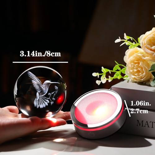 3.15in. 3D Hummingbird Crystal Ball Gifts for Women Girlfriend, K9 Crystal Decorative Ball Engraved Hummingbird Figurine Paperweight with LED Light Base for Home Office Decoration - color: Hummingbird