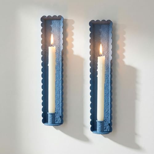 Blue Wall Candle Sconces Set of 2, Scalloped Edge Box-Shaped Cast Iron Farmhouse Church Holders for Taper Candles, Wall Mounted Rustic Candle Sconce for Living Room, Dining Room Decor - color: B-blue