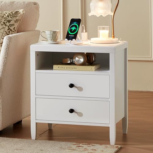 Huuger White Nightstand Set of 2, Night Stand with Charger Station, Bedside Table with 2 Drawers, Bed Side Tables for Bedroom, Modern Nightstands, Metal Knobs, Painted Surface - color: White