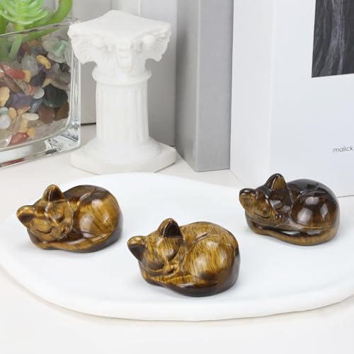 QINJIEJIE Tiger Eye Cat Decor Crystal Figurine Sleeping Healing Crystal 1.6" Hand Polished Gemstones Decor Cute Kitten Sculpture Reiki Room Desk Decoration Cat Gifts for Women Men Stocking Stuffers - color: D-tiger Eye, size: 1.5 inches