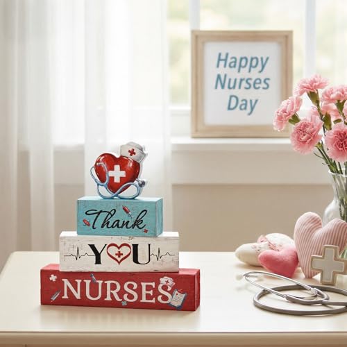 Smile Nurses Month Wooden Tabletop Decor Thank You Nurses Desktop Plaque with Heart & Stethoscope Indoor Home & Office Decor - Nurse Appreciation - style: Nurse