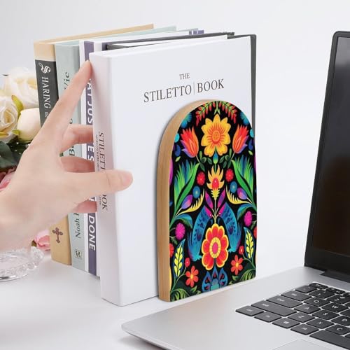 2 PCS Wood Book Ends,Mexican Style Colorful Striped Flower Bookends for Shelves Non Skid Book Ends for Office Home Kitchen, Bookends for Holiding Books 5x3 Inch