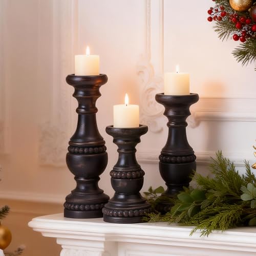 Solid Wood Candle Holder, Farmhouse Candle Holder for Pillar Candle Set of 3, Rustic Wooden Candle Stand, Vintage Small Wooden Candlestick Holders Decorative for Living Room, Table Centerpiece - color: Charcoal Black
