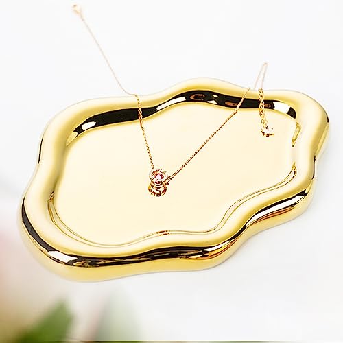 Ceramic Jewelry Dish for Women, Jewelry Tray Trinket Dish, Irregular Cloud Shape Ceramic Plate, Watch Keys Tray Ring Dish Holder for Mother's Day/Christmas/Thanksgiving/Birthday Gift(Gold) - color: Gold