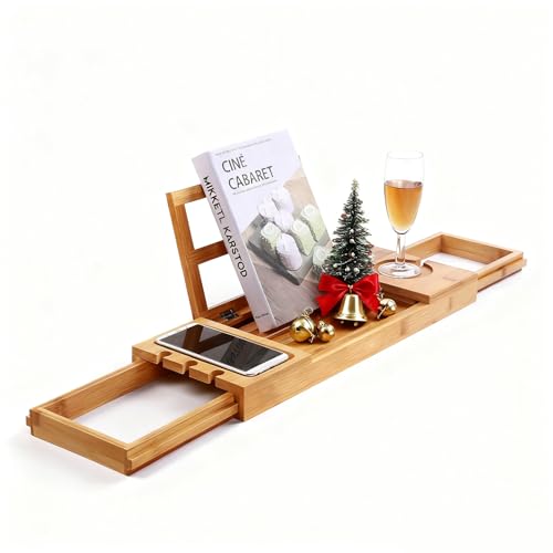 Utoplike Bamboo Bathtub Caddy Tray Bath Tray for Tub, Adjustable Bathroom Bathtub Organizer with Book Tablet Wine Glass Cup Towel Holder - color: 19.8-33.5 in