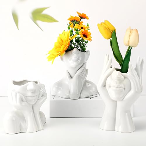 Sieral 3 Pcs Ceramic Face Vase Female Form Flower Modern Body Vase for Decor with Head Half Body Bust Centerpiece for Table Shelf Home Bedroom Room Office(Small,White) - color: White, size: Small