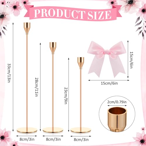 Mumufy 3 Pcs Gold Taper Candle Holder with Pink Christmas Bow Coquette Room Decor Candle Sticks Holder Fits LED Candles, Table Centerpiece Decor for Christmas Wedding Party