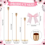 Mumufy 3 Pcs Gold Taper Candle Holder with Pink Christmas Bow Coquette Room Decor Candle Sticks Holder Fits LED Candles, Table Centerpiece Decor for Christmas Wedding Party