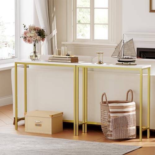 HOOBRO Narrow Console Table, 29.5" Small Entryway Table, Thin Sofa Table, Side Table, Display Table, for Hallway, Bedroom, Living Room, Foyer, White and Gold DW75XG01 - color: White + Gold