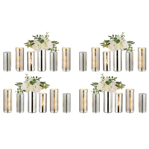 Glass Cylinder Vases Set of 24, Hewory Glittery Silver Vase for Centerpieces, Glass Hurricane Candle Holders for Pillar Floating Candle, Tall Round Vase for Wedding Anniversary Events Home Table Decor - color: Silver