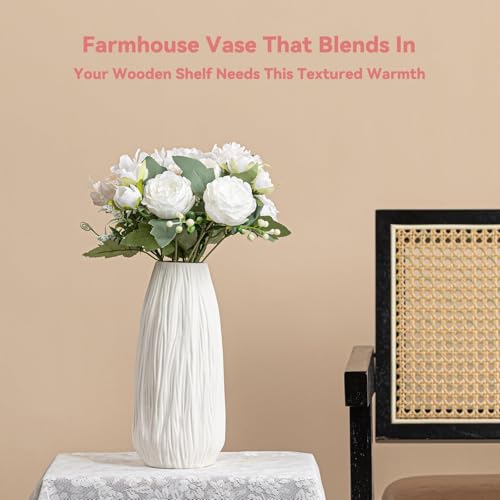 White Ceramic Vase with Woodgrain Texture & Vertical Lines - 9.3" Unique Flower Vase for Pampas Grass & Centerpieces, Farmhouse/Boho Decorative Vase for Living Room, Office Desk &Gift for Her/Yourself - color: Woodgrain Texture