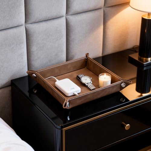 siduater Valet Tray Desktop Storage Organizer – Vegan Leather Catchall Bedside Vanity Tray Nightstand Caddy Holder for Remote Controller, Watch, Keys, Phone, Wallet, Coin, Jewelry, Stone Brown - color: Stone Brown