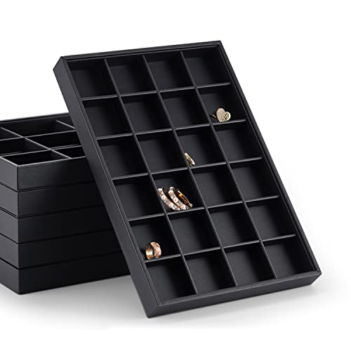 Oirlv Stackable Jewelry Organizer Tray Premium Leather 24 Grid Jewelry Drawer Organizer Dresser Tabletop Trinket Earring Ring Storage - style: P01703