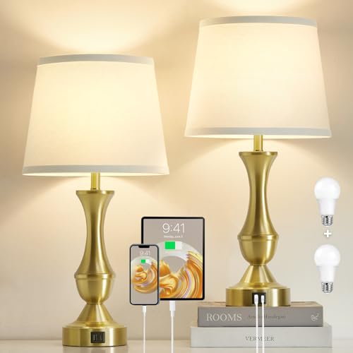 Luvkczc 22" Gold Table Lamps Set of 2 - Modern Luxury Bedside Lamps with White Fabric Shade, Dimmable & Dual USB C+A Ports, Nightstand Lamps for Bedroom/Living Room (Bulb Included) - color: White,Gold base, size: 22in