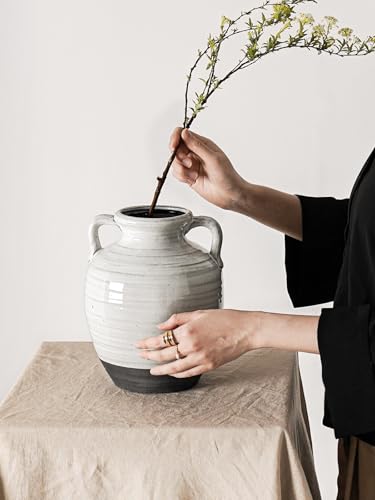Large White Ceramic Vase, 9.5 Inch Farmhouse Flower Vase with Handles - Rustic Home Decor for Living Room, Table, Mantel, Wedding Centerpiece (Aurora White) - color: Aurora White-9.5"
