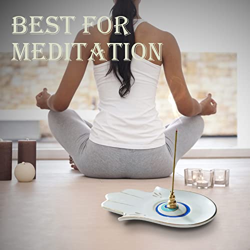 Ceramic Hamsa Hand Incense Holder - 2 in 1 Brass Incense Holder for Sticks and Coil Incense- Zen Decor with Hand of Fatima Design Protection from Evil - 6.2" L X 4.5" W (WhiteEye) - color: Whiteeye